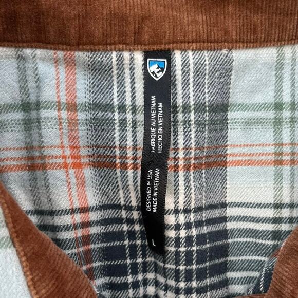 Kuhl Flannel Long Sleeved Snap Button Plaid Shirt Corduroy Accents Size Large - Picture 3 of 6